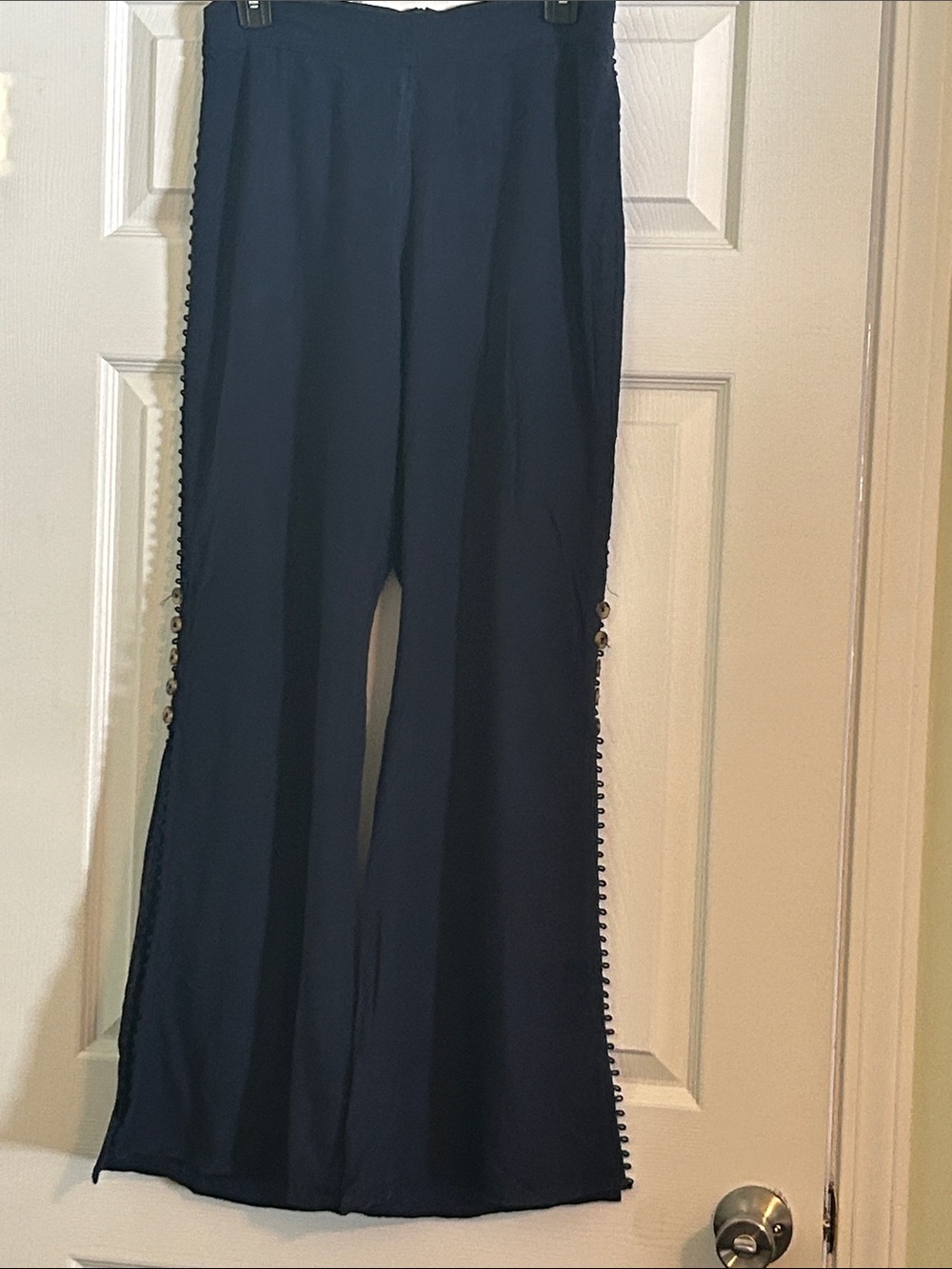 V Cristina Navy Wide-Leg Pants with Side Button Detail